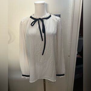 LOFT Cream Blouse with Black Ribbon Tie | Size M | Feminine Ruffle Neck Top